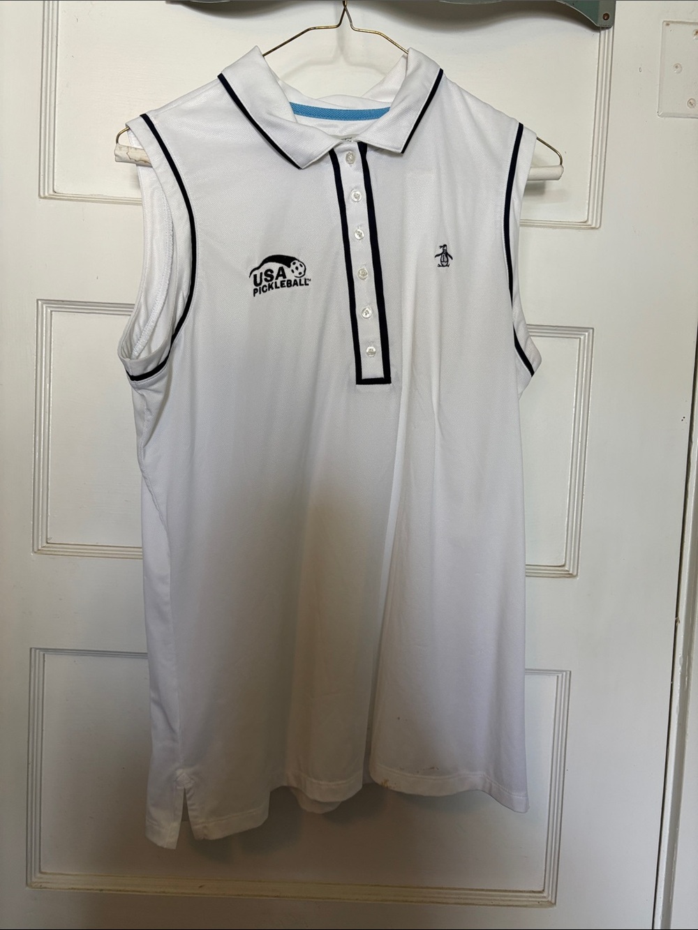 Original Penguin USA Pickleball White Polo with Navy Blue Trim Size L